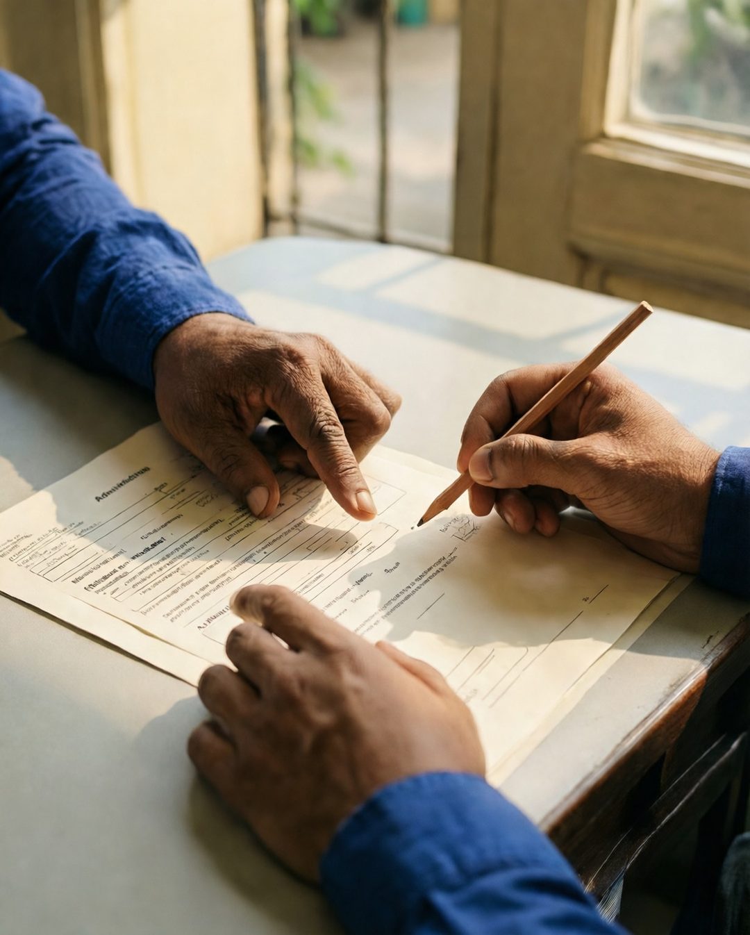 Close-up of hands pointing to an admission document on a desk
